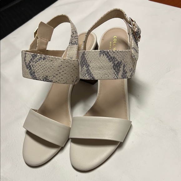 Cole Haan Cream and Gray Sandals with Chunky Heel and Adjustable Straps - Picture 2 of 5